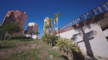İspanya 'nın Benidorm kıyı şehrindeki parlak mavi gökyüzünün altında renkli apartman daireleri ve palmiye ağaçlarını gösteren alçak açılı bir çekim..