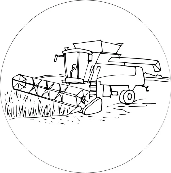 Vector Illustration Harvester Field Collects Crop Wheat Doodle Style — Stock Vector