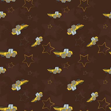 İnşaat malzemelerinin görüntüsüne sahip vektör pürüzsüz desen: sarı yükleyici, kahverengi arka planda yıldızlı kazıcı. Tekstil, kağıt ve dekor üzerine baskı yapmak için