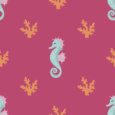 Pembe arka planda kusursuz bir deniz atı ve mercan deseni. Giysiler ve hatıralar için baskı