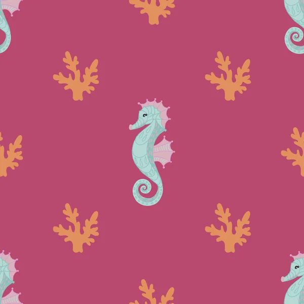 Бесшовный Рисунок Морского Конька Коралла Розовом Фоне Печать Одежды Сувениров — стоковый вектор