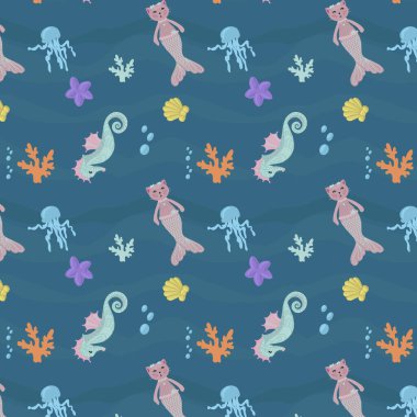 Kusursuz desenli deniz kızı kedisi mavi arka planda tatlı deniz sakinleri