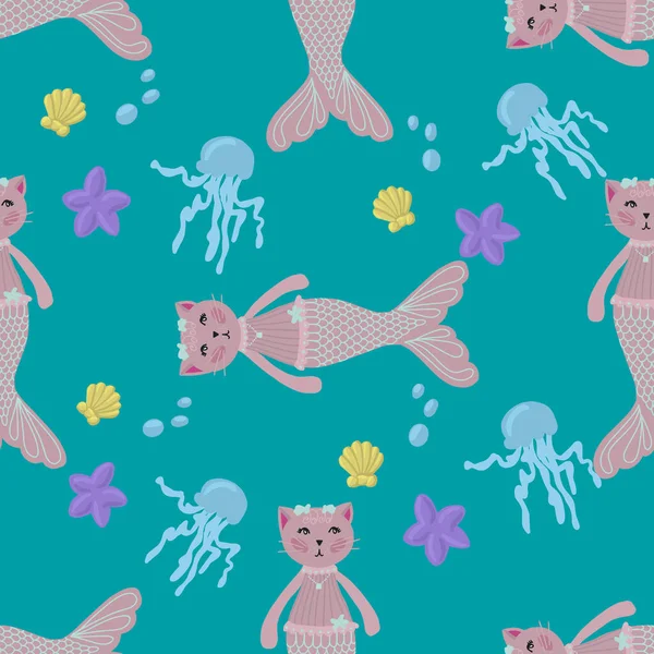 Бесшовный Рисунок Морской Русалки Кошка Милые Морские Жители Синем Фоне — стоковый вектор