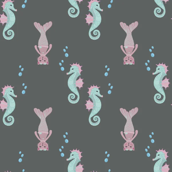 灰色の背景にシームレスなパターンの海の人魚猫と空想のシーホース — ストックベクタ