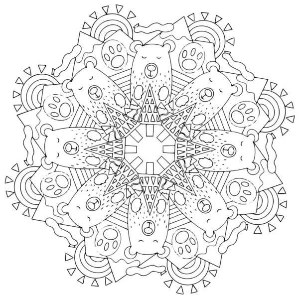 Mandala Ours Montagnes Arbres Coloriage Pour Enfants Adultes — Image vectorielle