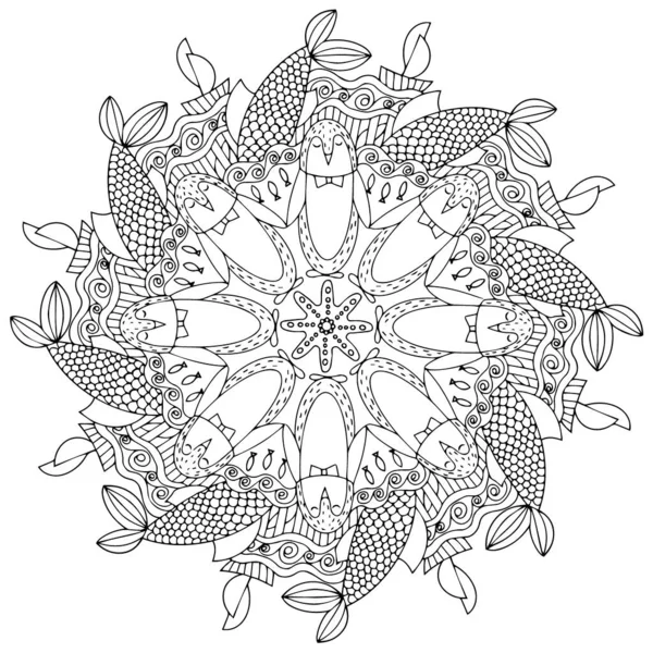 Mandala Thème Mer Pingouins Coloriage Pour Enfants Adultes — Image vectorielle