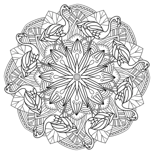 Flamingo and Lotus Flower Mandala coloring page for children and adults