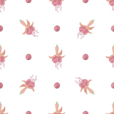 Çocuk kıyafetleri, oyuncaklar, dekorasyon için beyaz arka planda yaprakları ve pembe çiçekleri olan kusursuz vektör deseni