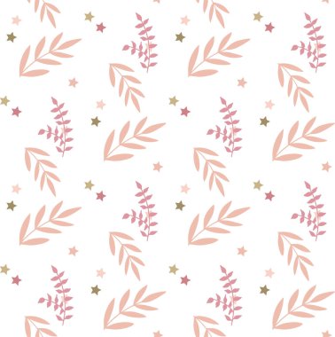 Çocuk kıyafetleri, oyuncaklar, dekorasyon için beyaz arka planda yaprakları ve pembe çiçekleri olan kusursuz vektör deseni