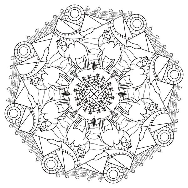 Mandala coloring page for children and adults animals: a camel in the desert with mountains, sun and pyramids in the background