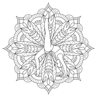 Boya kitabı mandala ile yoga, asana pozu veriyor. Yoga okulu boyama sayfası. Yetişkinler ve çocuklar için sanat terapisi.