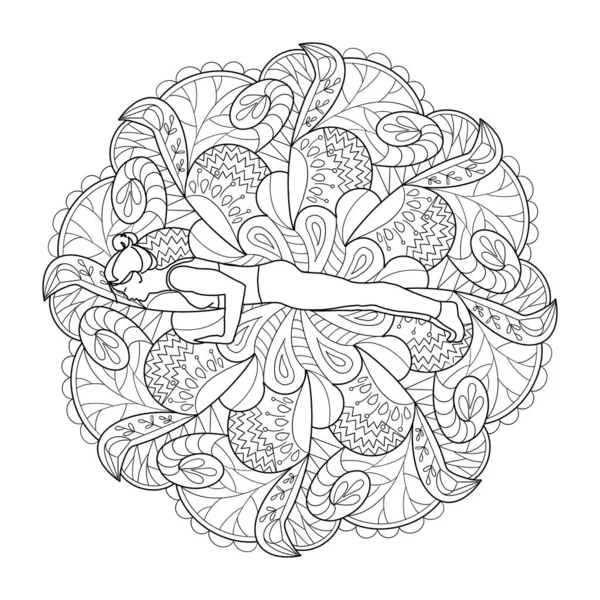 Coloring book page mandala with yoga pose asanas. Yoga school coloring page. Use for adults and children as art therapy.