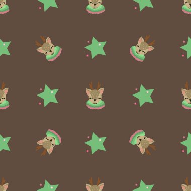 Oyuncak geyik geyiği ve kahverengi arka planda yeşil yıldızlı kusursuz desen