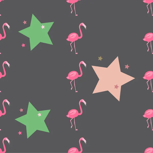 Pembe Flamingolu Kusursuz Desen Gri Arka Planda Yıldızlar — Stok Vektör