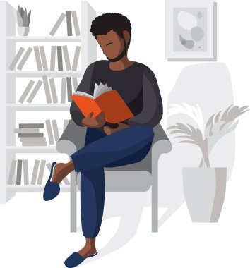 Genç, siyah, Afro-Amerikan bir adamın kitap okuyup kitap rafının yanındaki sandalyede oturmasının düz bir temsili. İçerideki figür..