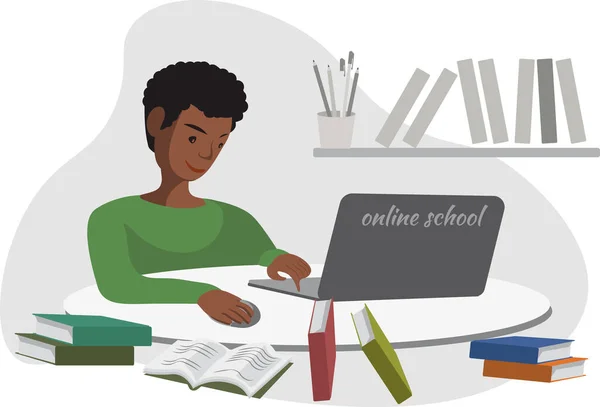 ネットの学校でノートパソコンを勉強しているアフリカ系アメリカ人の少年がテーブルに座り — ストックベクタ