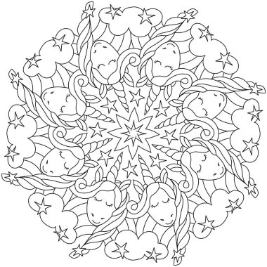 Çocuklar ve yetişkinler için mandala boyama kitabı. Tek boynuzlu at, yıldızlar, bulut.