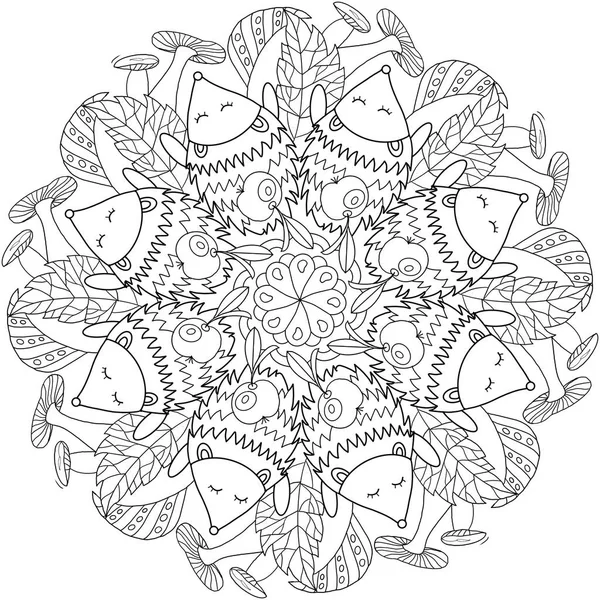 Mandala Kleurplaat Voor Kinderen Volwassenen Egel Appel Herfst Paddestoelen Bladeren — Stockfoto