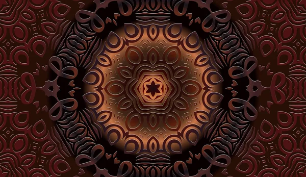 シームレスな抽象的な唐草の透かし彫りと暗い背景の青銅の幾何学模様 — ストックベクタ