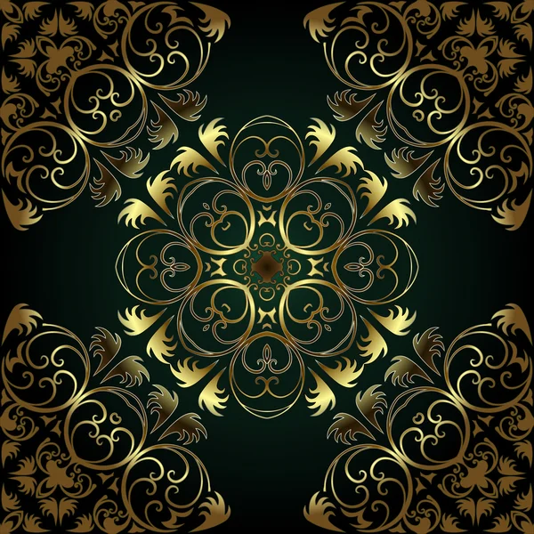 Fleur métallique abstraite en bronze motif de flamme avec fond doré oriental décoratif vert — Image vectorielle