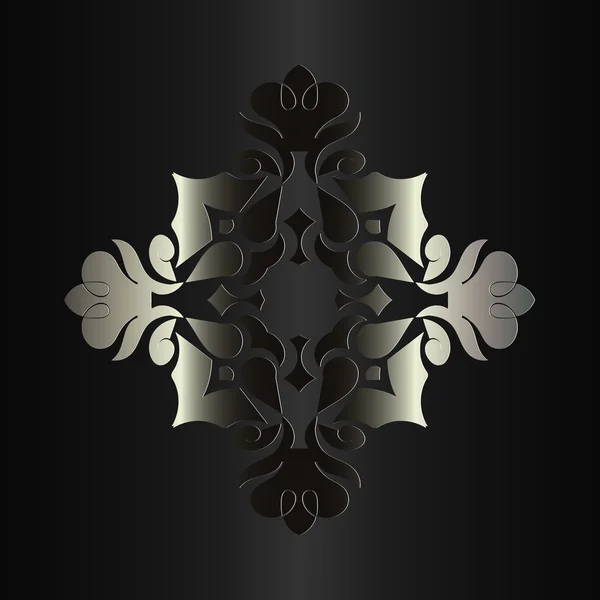 Elementlerin geometrik şekillerin siyah arka planı üzerinde soyut simetrik metalik Monogram kalık deseni — Stok Vektör