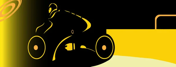 Egy kerékpáros sziluettje a sárga fény fekete háttérben mozgó úton — Stock Vector