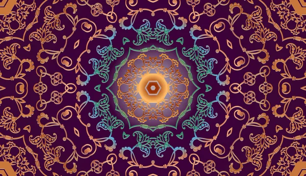 Traceria floral decorativa antiguo patrón árabe sobre un fondo púrpura — Vector de stock