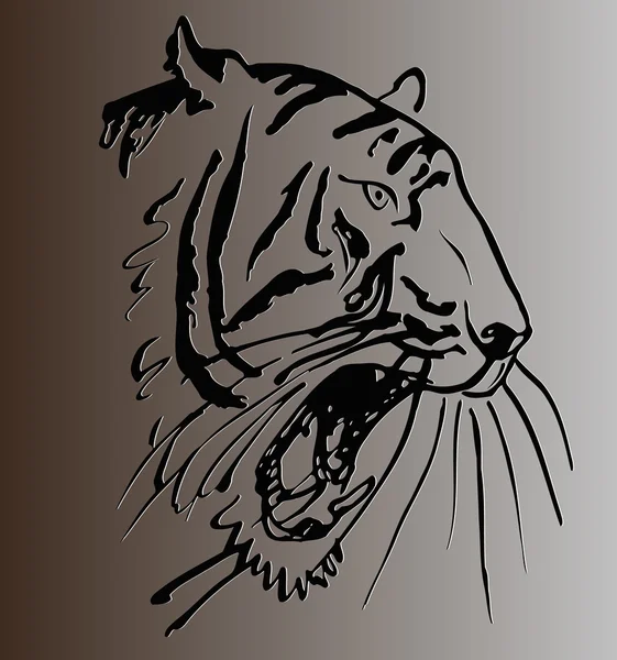 Croquis d'une tête de tigre tatouage avec bouche ouverte sur fond gris — Image vectorielle