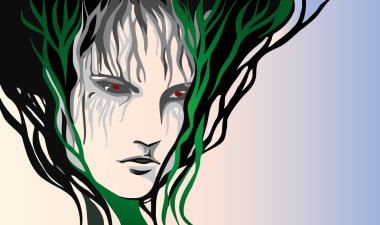 Saçta ağaç elemanlarının dalları ile bir portre erkek tasvir soyut illüstrasyon.