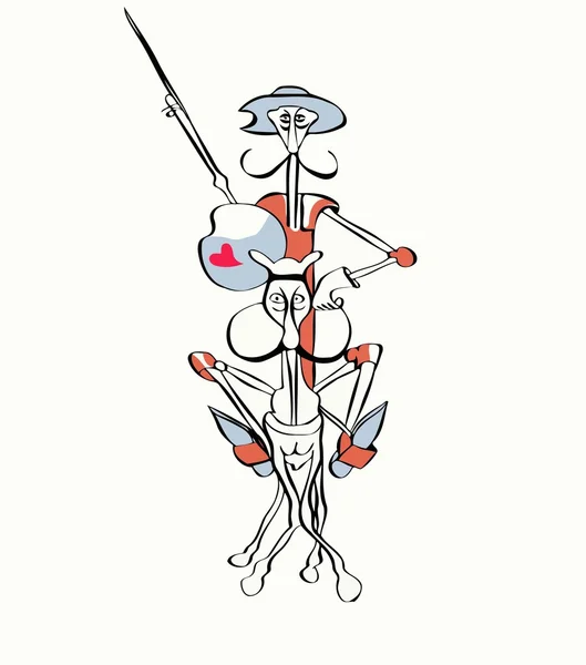 Ескіз мультфільму Дон Кіхот верхи зі списом в руці — стоковий вектор