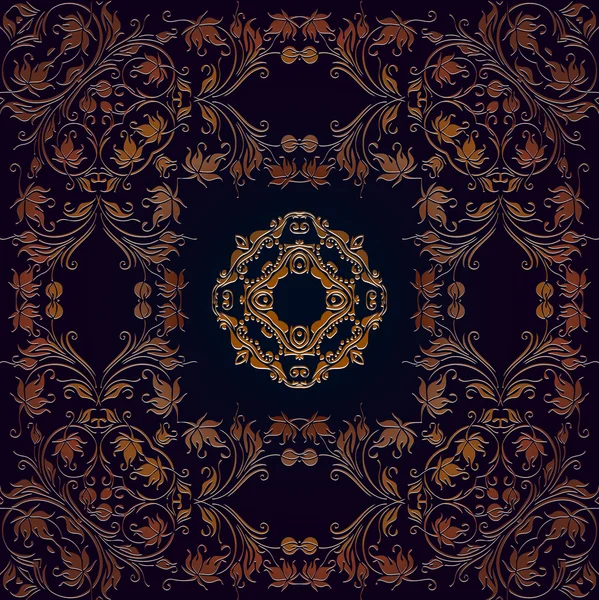 Abstrakta dekorativa blommiga mönster element av väva präglade symmetriska form brons färg raderna på en mörk bakgrund — Stock vektor