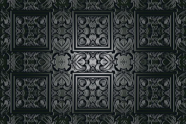 Gravura de moldura de borda vintage vetorial com padrão de ornamento retro em estilo rococó antigo design decorativo em um fundo preto — Vetor de Stock