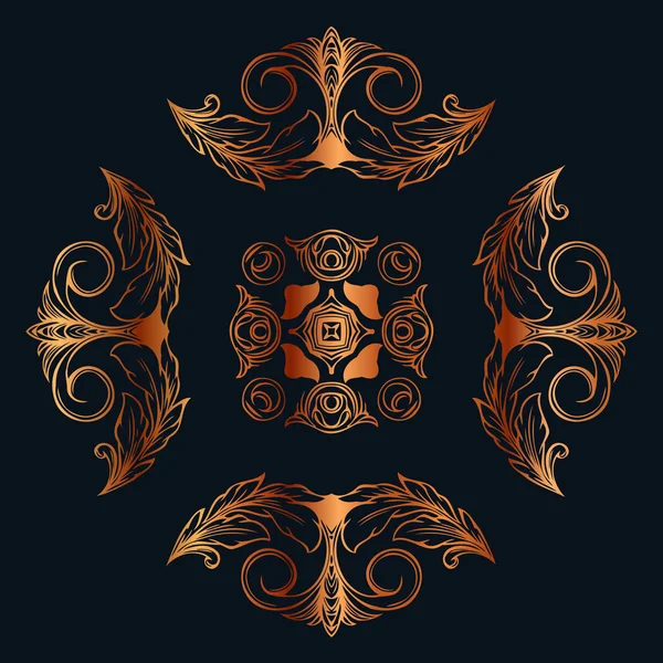 Abstracte gouden decor Victoriaanse symmetrisch patroon ronde vorm op een zwarte achtergrond — Stockvector