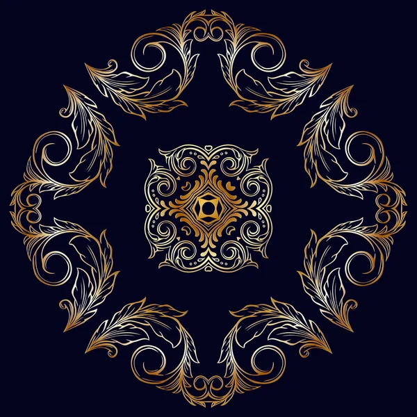 Decoración abstracta de oro Victoriano patrón simétrico forma redonda sobre un fondo negro — Vector de stock