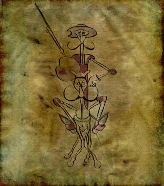 Don Kişot kroki çizgi elinde bir mızrak ile atlı şövalye çizim