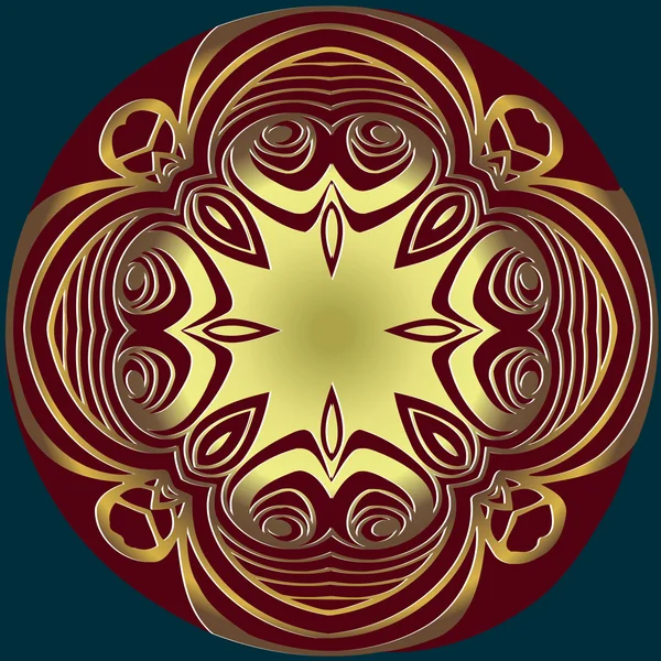 Abstract, reliëf decoratie, gouden patroon symmetrisch geïnterlinieerde lijnen in een cirkel claret kleur — Stockvector