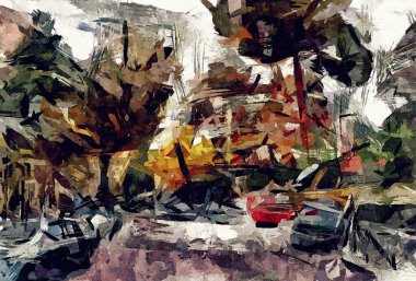 Renkli kaotik fırça darbelerinin farklı boyutlarda ve bulanık boya lekelerinin soyut psikedelik arka plan suluboya stili