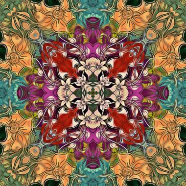 Soyut arkaplan. Psikedelik fraktal, fırça darbelerinin dokusu bulanık çizgilerin renkli boyası ve farklı şekil ve boyutlarda benekler..