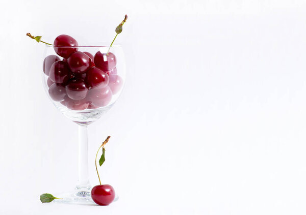 Dark red Cherries in wineglass. Summer berries in glass. Healthy food. White background. Bright photo with copyspace.