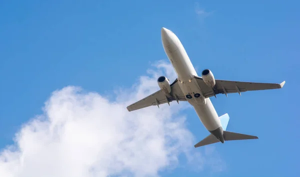 Startuje Duży Biały Samolot Pasażerski Transport Towarowy Pasażerski Lot Letniej — Zdjęcie stockowe