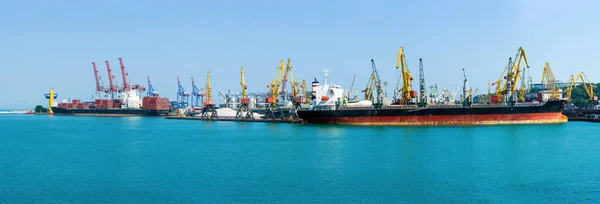 海上貨物産業港の貨物コンテナターミナル 大規模な穀物エレベーター バルクキャリアとコンテナ船は ポートにロードするために係留されています 港のパノラマ — ストック写真