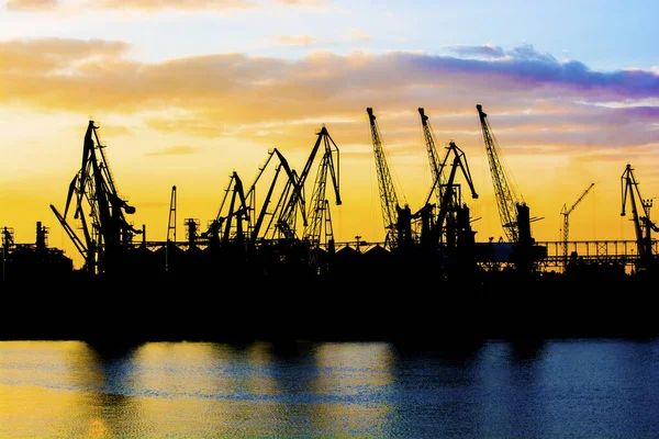 Silhouette of a crane. Cranes at the port. Silhouette of harbor at sunset. Sea port. Sunset at the port.