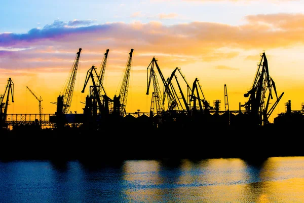 クレーンのシルエット 港のクレーンだ 夕暮れ時の港のシルエット 海港だ 港の夕日 — ストック写真