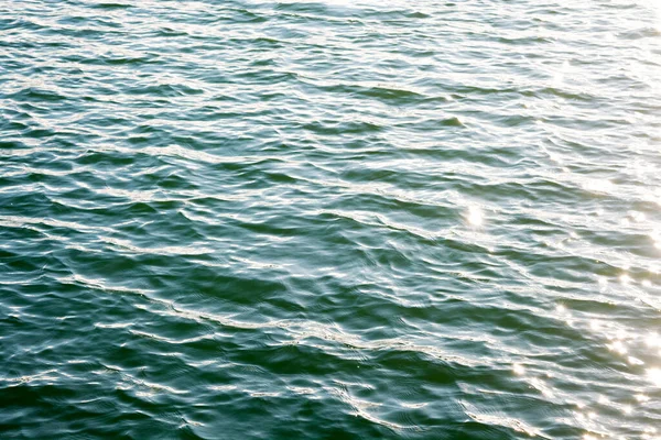 Sea ripples. Bright background. Dark green water. Shallow waves and sun glare on the water. Abstract.