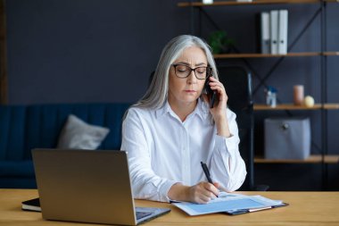 Gülümseyen kıdemli gri saçlı güzel iş kadını ofiste telefonda konuşuyor. İş yerinde oturan, gözlüklü, çekici, olgun bir kadının iş portresi. Konuşma, müzakere