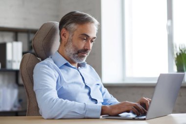 Ev ofisinde dizüstü bilgisayarla çalışan gri saçlı son sınıf öğrencisi. İş yerinde oturan yakışıklı müdürün iş portresi. Çevrimiçi, çevrimiçi kurslar. İş konsepti