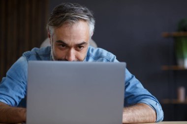 Ev ofisinde dizüstü bilgisayarla çalışan gri saçlı son sınıf öğrencisi. İş yerinde oturan yakışıklı müdürün iş portresi. Çevrimiçi, çevrimiçi kurslar. İş konsepti