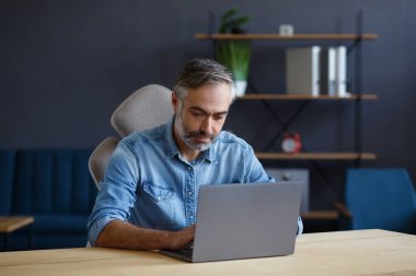 Ev ofisinde dizüstü bilgisayarla çalışan gri saçlı son sınıf öğrencisi. İş yerinde oturan yakışıklı müdürün iş portresi. Çevrimiçi, çevrimiçi kurslar. İş konsepti
