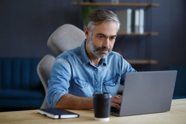 Ev ofisinde dizüstü bilgisayarla çalışan gri saçlı son sınıf öğrencisi. İş yerinde oturan yakışıklı müdürün iş portresi. Çevrimiçi, çevrimiçi kurslar. İş konsepti