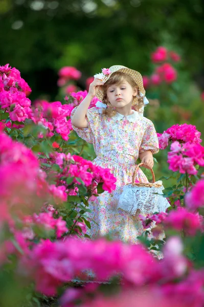 Beautiful girl on a meadow with roses  looks into flowers — Stock Photo, Image